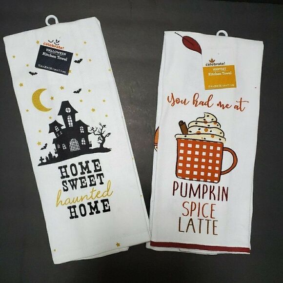 Kitchen Tea Towels Pumpkin Spice Latte Halloween - Picture 1 of 10